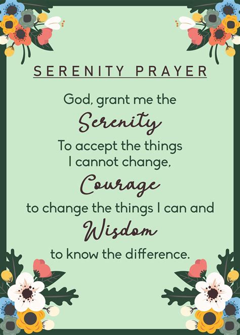 The serenity prayer - The Serenity Prayer is a famous and powerful prayer in Christianity, asking God for serenity, courage and wisdom to accept the things we cannot change, change the things we can and know the difference. Learn the full text, history, variations and tips to pray this prayer with PrayWithMe.com. See more